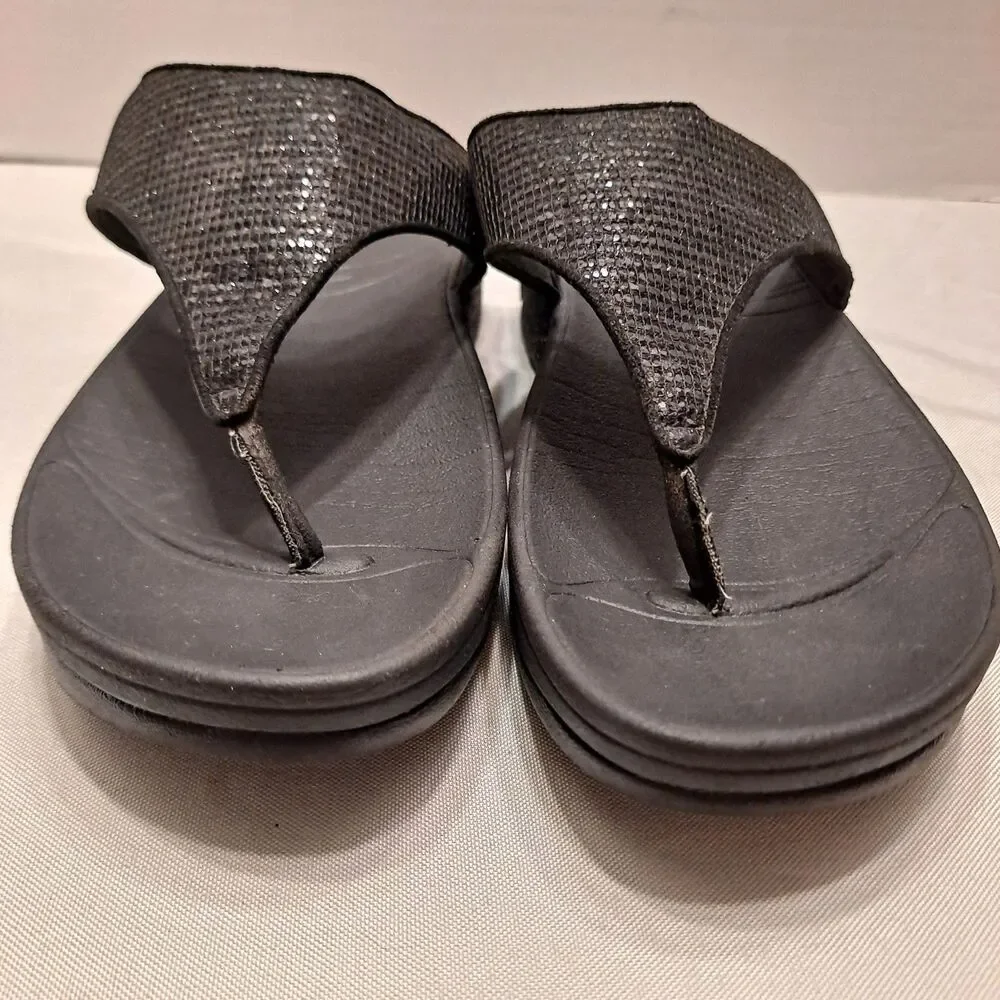 Fitflop Women's Lulu Thong Sandals Size 8 Black Glitter Wedge Platform Shoes